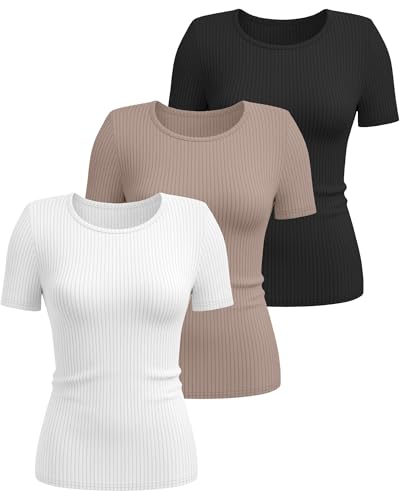 Ficerd 3 Pack Women's Ribbed T-Shirts, Cotton Short Sleeve Basic Tees Crewneck Fitted Tops Casual Shirts 2025 Summer Trendy