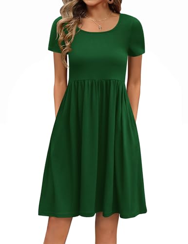 Zeagoo Sommerkleid Damen Elegant Kleider Kurzarm A-Linie Blumenkleid Rundhals Tunika Kleid Strandkleid mit Taschen Casual Freizeitkleid Grün L