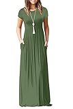 AUSELILY Women Solid Plain Short Sleeve Loose Long Maxi Casual Dress with Pockets Olive (L,Army Green)
