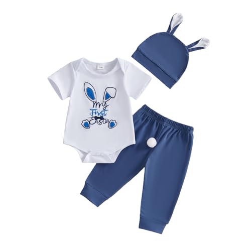 Karesoull Newborn Infant Baby Boy Easter Outfits Short Sleeve Bodysuits Romper Pants First Easter Clothes Set (Blue my first easter 0-3 Months)