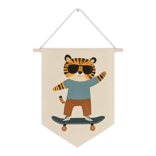 WUCHJ Tiger Nursery Canvas Wall Banners, Cute Little Tiger on Skateboard Hanging Display Pennant Flags, Eclectic Animal Wall Decor for Kids Nursery Toddler Room Bedroom Playroom 11x14 Inch