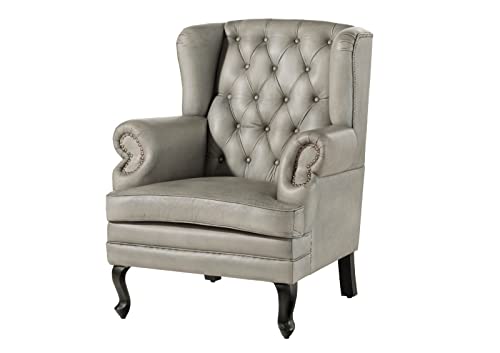 MASSIVMOEBEL24.DE | Chesterfield Ohrensessel aus Echtleder #201 aus echtem Büffel-Leder - Grau 88x81x105 cm mit Nieten Lounge-Sessel Sofasessel Relaxsessel