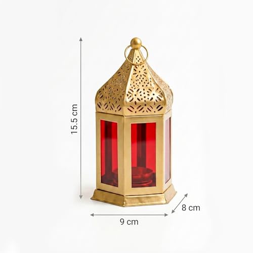Image of MARKET 99 Metal Glass Royal Lantern | Golden Red Tealight Candle Holder | Decorative Home Decor Lamp | Festive Lighting for Diwali, Christmas, Wedding & Party Table Setup (Use LED T-Light Only)