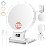 B Beauty Planet Miroir Maquilleur Lumineux 30X/1X, Indicateur de Batterie, Support 4 en 1, Double Face, 2000mAh, 3 Lumières Réglables, Pose Table/Mur, Pliable et Portable