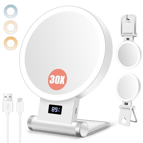 B Beauty Planet Miroir Maquilleur Lumineux 30X/1X, Indicateur de Batterie, Support 4-en-1, Double Face, 2000mAh, 3 Lumières Réglables, Pose Table/Mur, Pliable et Portable