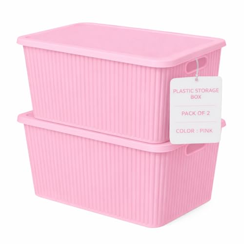 Image of Plastic Storage Box with Lid - Large Stackable Organizer Storage Box for Clothes, Toys, Kitchen - Big Size Plastic Storage Container Basket for Home, Office, Bathroom(Large,Pack of 2,Pink)
