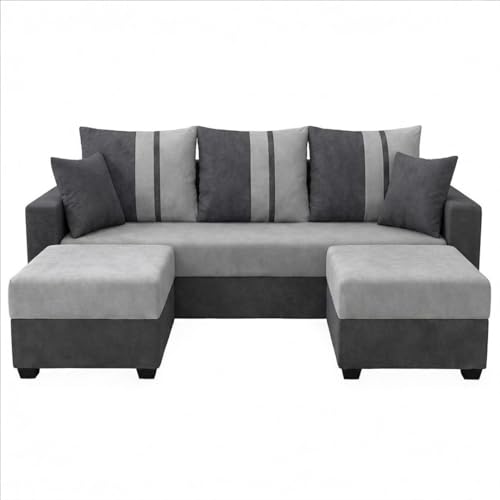 Image of Zenix Dual Tone Rich Velvet Suede 3 Seater Sofa Set with 2 Ottomans | Spacious Soft Touch Comfort Seating | Modern Sofa for Living Room (Dark Gray & Light Gray)