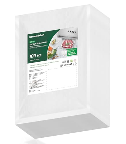 Bonsenkitchen Profi Vakuumbeutel, 100 Beutel 20x30cm Vakuumierbeutel für alle Vakuumierer & Lebensmittel Vakuumiergerät, Kochfest und Sous Vide Gefrierbeutel, BPA-frei, VB3205
