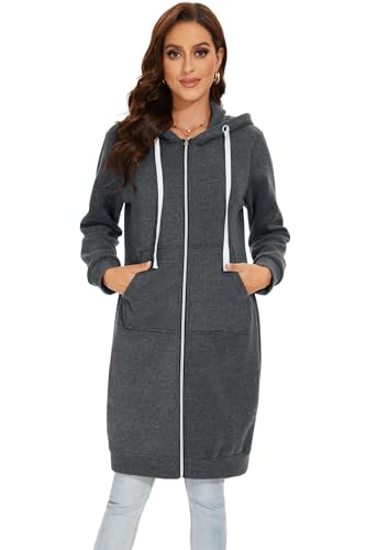 YOSICIL Damen Herbst Winter Outing Stil Frauen Warm Reißverschluss Öffnen Clubbing Dating Elegante Hoodies Sweatshirt Langen Mantel Jacke Tops Outwear Hoodie Outwear Kapuzenpullover,Dunkelgrau,4XL
