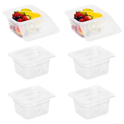 CTJ Paquete de 6 sartenes de plástico transparente NSF con tapas, recipientes de almacenamiento de alimentos comerciales profundos para restaurante, hotel, cocina, sartén apilable de policarbonato