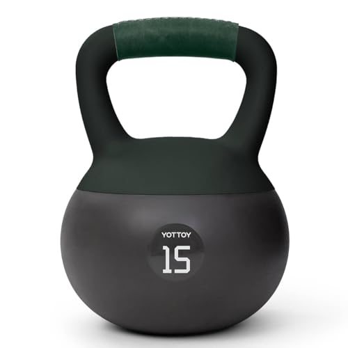 YOTTOY Soft Kettlebell with Leather Handle – Anti-Slip Sweat-Absorbing Grip, Home Gym Kettlebell Weights for Strength Training, Safe Neoprene Kettlebell for Women & Men (Green, 15 LB)