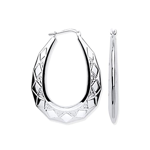 Image of Sterling Silver Large Diamond Cut Patterned Oval Creole Hoop Earrings