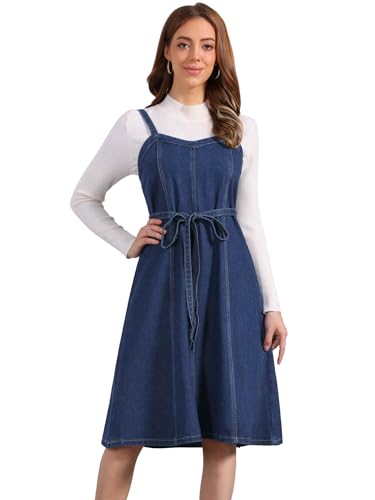 Allegra K Women Midi Denim Dress Sleeveless Sweetheart Neck Smocked Cross Back A-Line Belted Jean Dresses