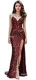 CYJJYZ Spaghetti Strap Sequin Prom Dresses with Slit Sparkly Lace Appliques Mermaid Long Formal Evening Gown for Women Burgundy US0