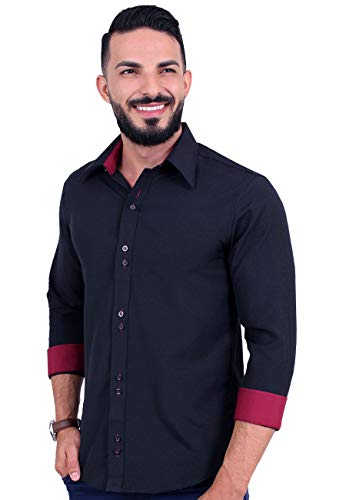 kit camisa masculina manga comprida que não amassa, Azul Marinho, Preta e Branca (P)