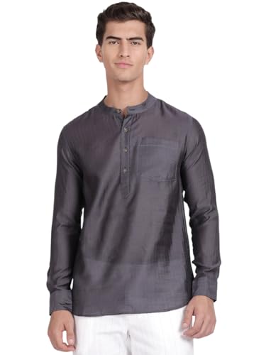 Image of KRYPTIC Men's Full Sleeve Regular Fit Short Kurta in Premium Pure Cotton with Patch Pocket and Mandarin Collar - Perfect Blend of Style and Comfort