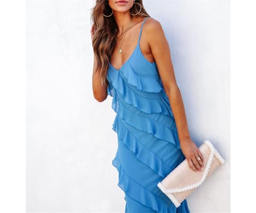 Image of Women Summer Elegant Sling Midi Ruched Bodycon Dress Solid Color Backless Slim Party Cocktail Dresses