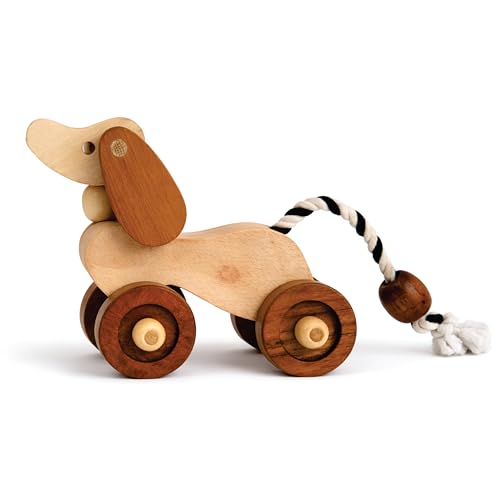 Image of Wooden Dog Pull-Along Toy for Toddlers | Natural Solid Wood | Cotton Pull String | No Metal | Eco-Friendly & Plastic-Free | Smooth Rolling Wheels | Nursery Decor Toy (1.5-4 Years)