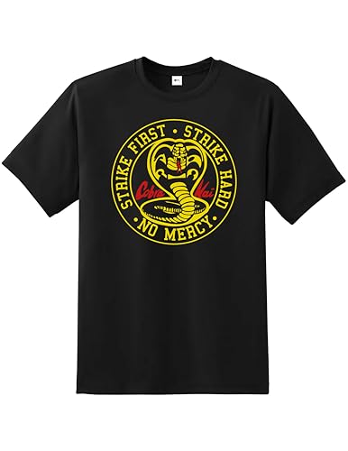 Snapit Cobraa Kai Mens T-Shirt Cobra Logo Tee Strike First Strike Hard No Mercy Karate Lovers T-Shirt Short Sleeve 100% Cotton top for UK Men/Women/Kids Best Gift Black