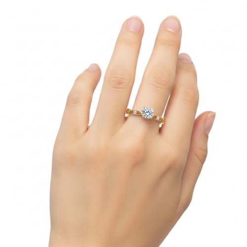Image of Choose Your Gemstone Petite Pave Diamond CZ Engagement Ring Yellow Gold Plated Round Shape Petite Engagement Rings Minimal Modern Design Birthday Gift Wedding Gift US Size 4 to 12