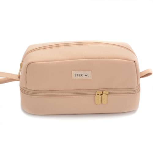 Image of Large Capacity Canvas Special Pencil Case Organizer With 2 Compartments, Big Cute School Aesthetic Pencil Pouch For Girls Boys Women Students Adults, Pen Pouch Bags With Zipper (Khaki)