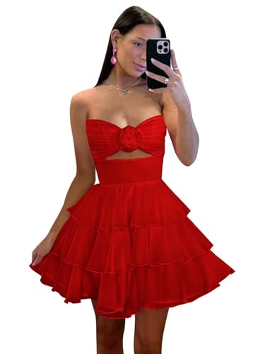 BONOYUER Strapless Tiered Homecoming Dresses 2025 for Teens Short Flowy Chiffon Cocktail Party Dress