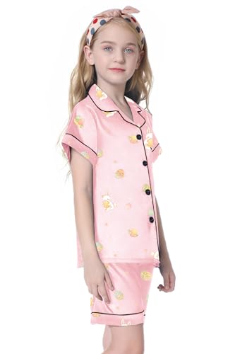 Women's Satin Pajamas Set, Silk PJS Short Sleeve Button-Down Shirt Top + Elastic Waist Shorts Sets Pajamas for Women, Easter Eggs, US XS - Thumbnail 4