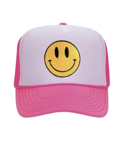 Smile Face Trucker Hat, Trendy Cute Preppy y2k Smile Yellow Patch Embroidered Adjustable Baseball Cap Snapback Hat, with Foam Front, Mesh Back, One Size Fits All,for Women, Men, Pink, Medium