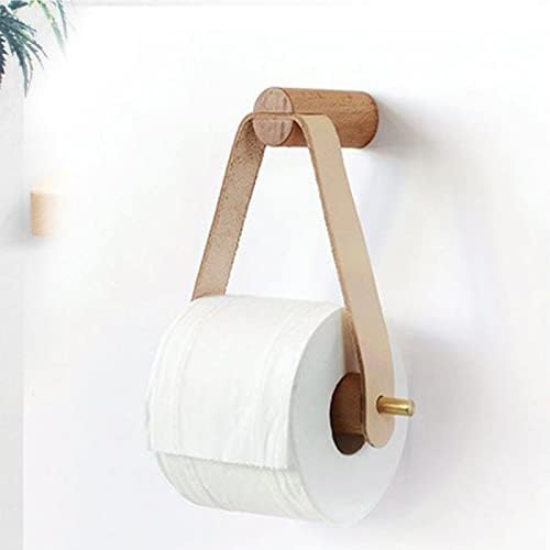 Wood & Leather Wall Toilet Paper Holder, Rustic Tissue Rolls Paper Holder Wall Mounted, Graceful and Natural Bathroom Accessories with Self-Adhesive Seamless Screw (Off-White)