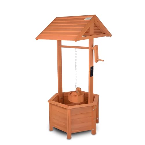Image of BONAFIDE Wooden Wishing Well Planter with Hanging Bucket, Flowers Shrubs Plants, Heavy Duty Garden Ornamental Flower Pot, Wooden Ornamental Garden Plant/Flower (NATURAL BROWN)