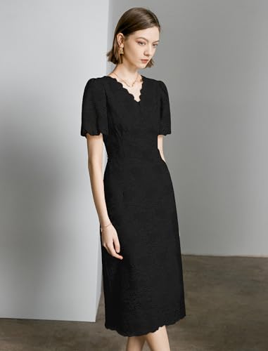 Image of Women's Lace Floral V-Neck Dress with Puff Sleeves and Back Zipper, Elegant and Romantic Design
