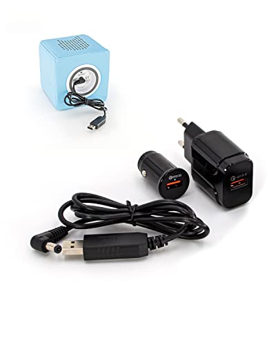 maxx.onLine® Ladekabel für Toniebox, QC 3.0 Schnellladegeräte-Set mit Steckdosen- & Auto Kfz-Adapter & Booster-Ladekabel 5V auf 9V Typ A auf DC 5,5 x 2.1/2.5 mm Hohlstecker Cover