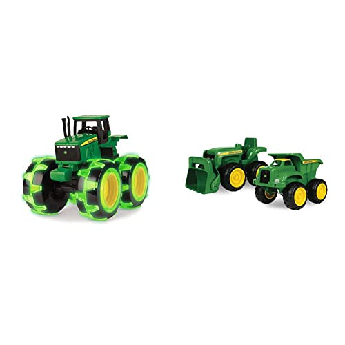 John Deere Tomy Monster Treads Lightning Wheels Tractor, Green & Sandbox Vehicle Set â Includes Dump Truck and Tractor Toy with Loader â Girl and Boy â Ages 18 Months and Up â 6 Inch â 2 Count