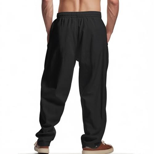 Mens Linen Pants Wide Leg Elastic Waist Medium Waist Summer Casual Yoga Loose Drawstring Sweatpants with Pockets2