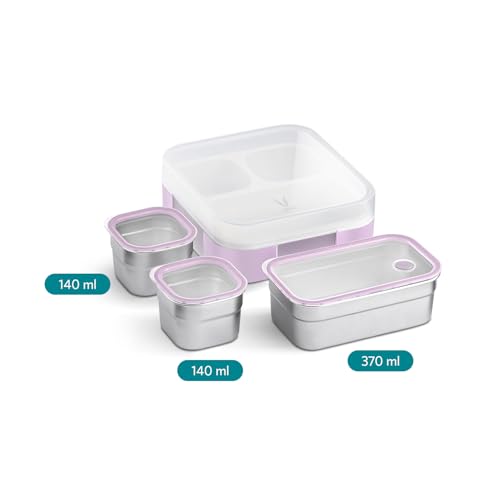 Image of VAYA Tydbyt Tiffin Box for Women Stainless Steel, 3 Steel Containers & Lids, Lunch Box for Kids Girls 3 Compartment, Organized Meals with No Mix-Ups, Bento Box, Lilac Love