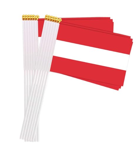 25 Packs Small Austria Flags on Handheld Stick，Miniature Austrian Flag for Outside,4x6 Inch Mini Hand Held Banner with Golden Topper,Patriotic Decorations