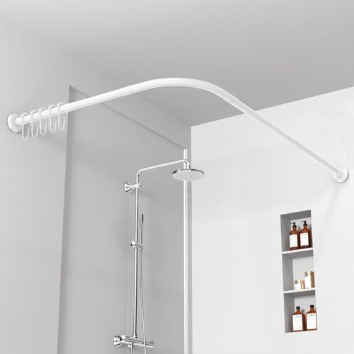 Home Flair White Shower Curtain Rail | Non Rust L Shaped Shower Curtain Rail | Adjustable Shower Curtain Pole | Shower Rail Kit
