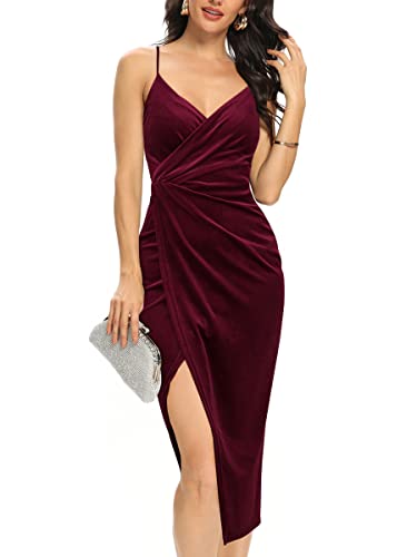 Image of Missufe Women's Sleeveless Spaghetti Strap Wrap V Neck Bodycon Ruched Slit Midi Party Cocktail Velvet Dress