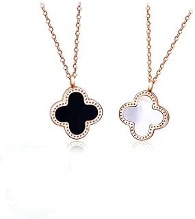 ESTART Fashionable Titanium Steel Four Leaf Clover Necklace 4 Leaf Clover Double Side Pendant Rose Gold