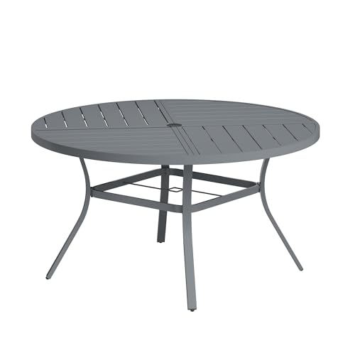 Image of VICLLAX Round Patio Table with Adjustable Umbrella Hole for 8, All Weather Metal Outdoor Dining Table for Lawn Garden, 53.1 inch Outdoor Coffee Table, Grey Tabletop