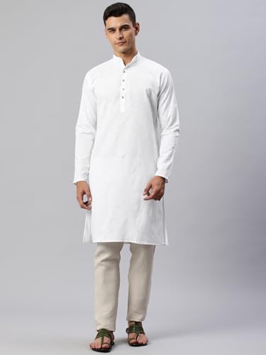Image of Majestic Man Men's Cotton Regular Fit Casual Mandarin Collar Ethnic Motifs Solid Long Kurta