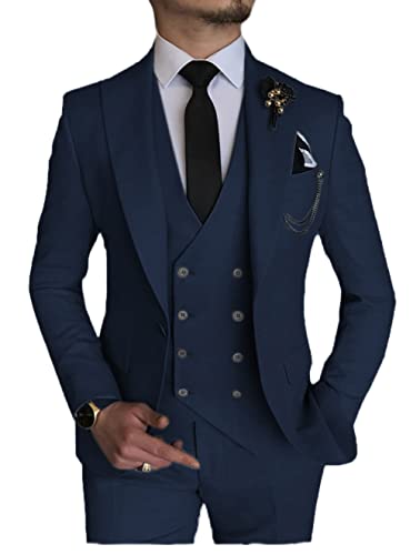 Mens Suit One Button Business Suits 3 Pieces Wedding Grooms Tuxedos(Blazer + Vest + Pants)
