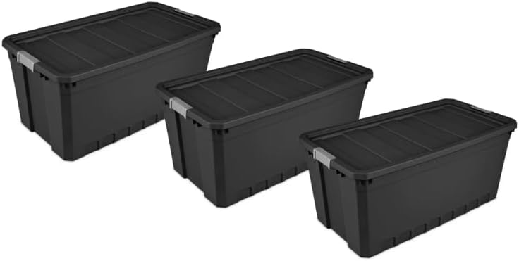 50 Gallon Stacker Tote Plastic, Black, Set of 3 Storage Boxes