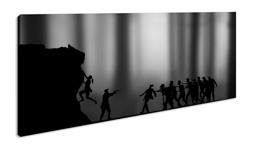 Panorámico ataque zombi sombrío 80 x 40 cm, efecto: negro/blanco como lienzo, diseño listo enmarcado en marco de madera auténtica, impresión digital de alta calidad con marco