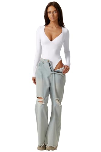 Image of QINSEN Women's Long Sleeve Bodysuit V Neck Body Suits Seamed Cup Going Out Tops Shirt