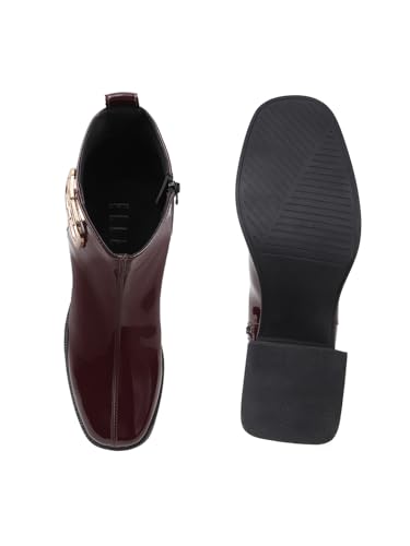 Image of ELLE Women's Glossy Platform Ankle Bootie Chunky Heel with Gold-Tone Emblem