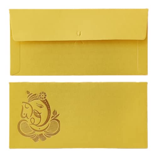 Image of Pack of 25 Matellic Bright-Yellow Colourful Designer Shagun Lifafa /Money Gift Envelope with Golden Ganesha for Gifting Money on Wedding, Birthday & Any Other Occasion