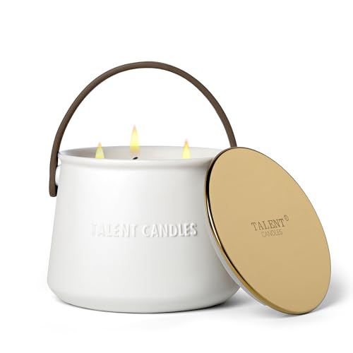 TALENT CANDLES Bougie Aromathérapie Tasse en Céramique à Main 3 Noyaux Bougies Naturelles de Cire de Soja Cadeaux pour Hommes et Femmes (Teck acajou)
