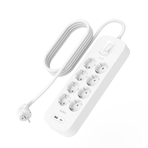 Belkin Multiprise avec Protection Contre Les surtensions à 8 Prises, Montage Mural, câble de 2 m, lumière d'état, 1 Port USB-A et 1 Port USB-C PD à Charge...
