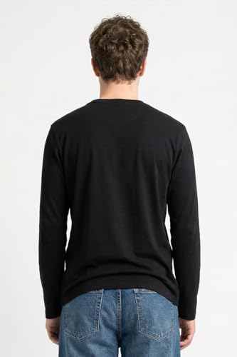 Image of SNITCH Legacy Men Regular Fit Henley Long Sleeve T-Shirt | 100% Cotton Breathable Fabric & Classic Button Placket | Versatile Casual Wear & Lightweight Autumn Fashion Top